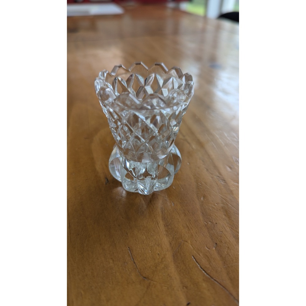 Vintage Cut Lead Crystal Toothpick Holder Sawtooth Rim Starburst Base Clear 2.5"